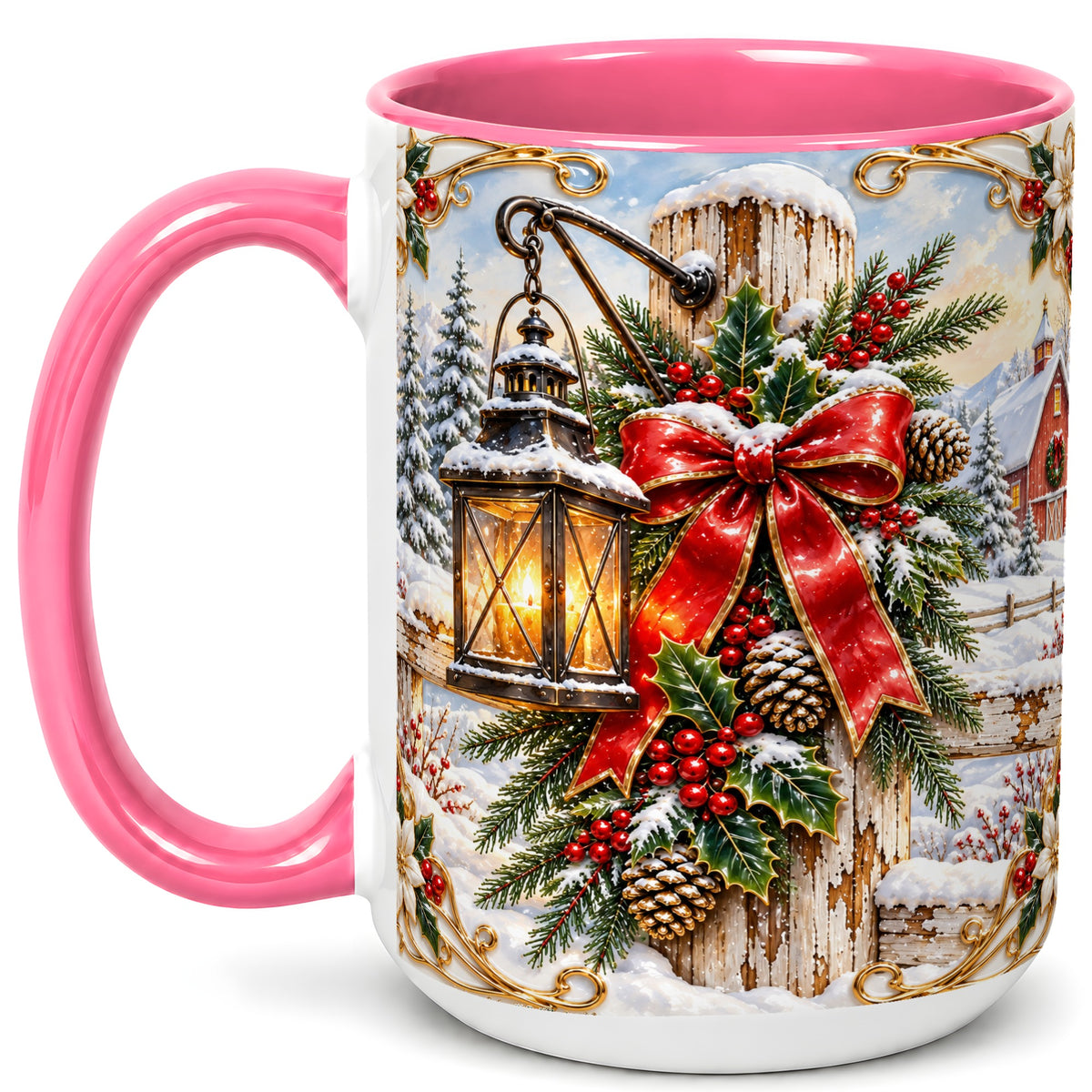 #pl[15oz|Pink] Christmas Lantern Coffee Mug, Ornate Winter Mug, Ceramic Cup