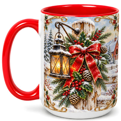 #pl[15oz|Red] Christmas Lantern Coffee Mug, Ornate Winter Mug, Ceramic Cup