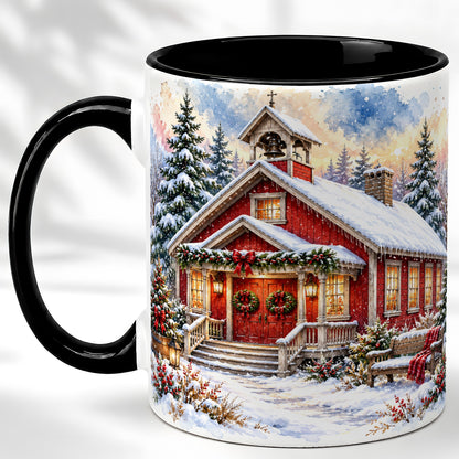 #pl[11oz|Black] Snowy Red Chapel Coffee Mug, Winter Village Mug, Ceramic Cup