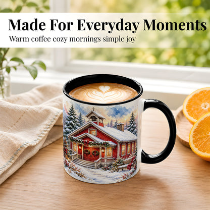 #pl[11oz|Black] Snowy Red Chapel Coffee Mug, Winter Village Mug, Ceramic Cup