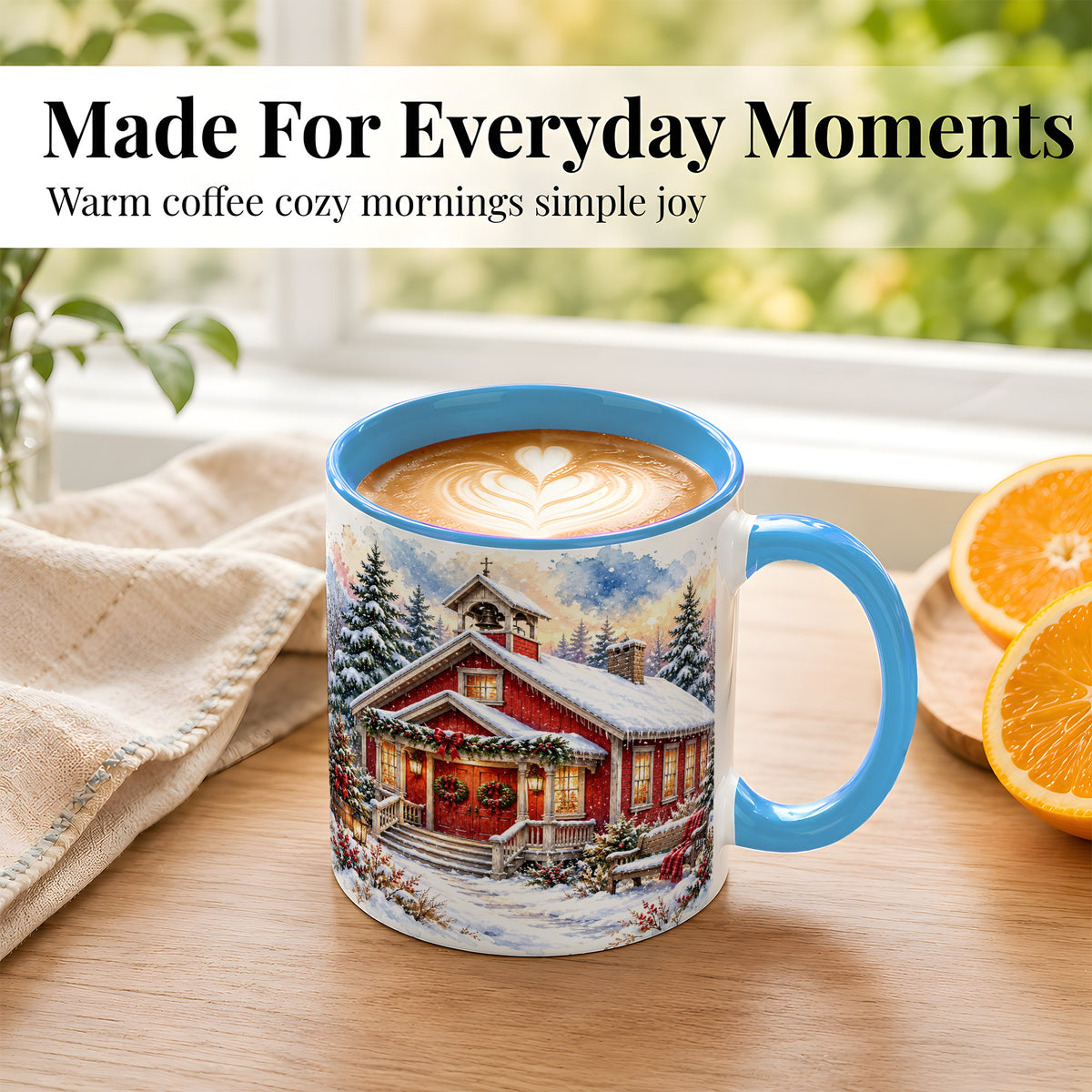 #pl[11oz|Blue] Snowy Red Chapel Coffee Mug, Winter Village Mug, Ceramic Cup
