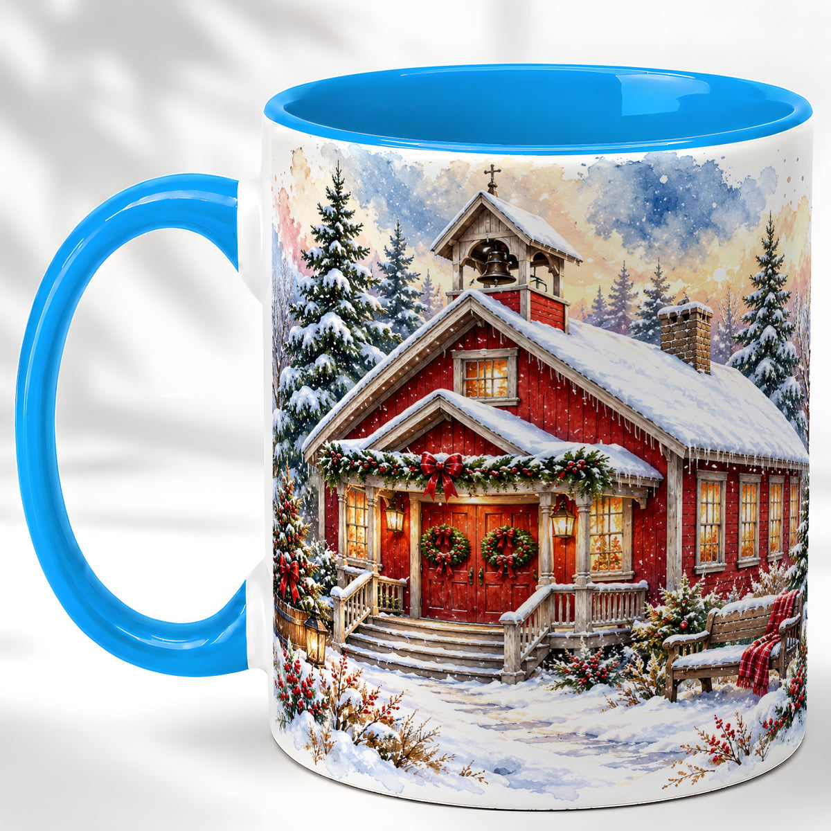 #pl[11oz|Blue] Snowy Red Chapel Coffee Mug, Winter Village Mug, Ceramic Cup