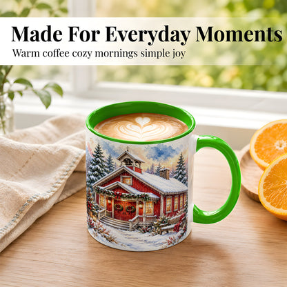 #pl[11oz|Green] Snowy Red Chapel Coffee Mug, Winter Village Mug, Ceramic Cup