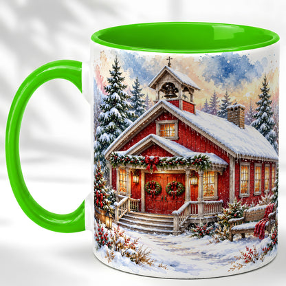 #pl[11oz|Green] Snowy Red Chapel Coffee Mug, Winter Village Mug, Ceramic Cup