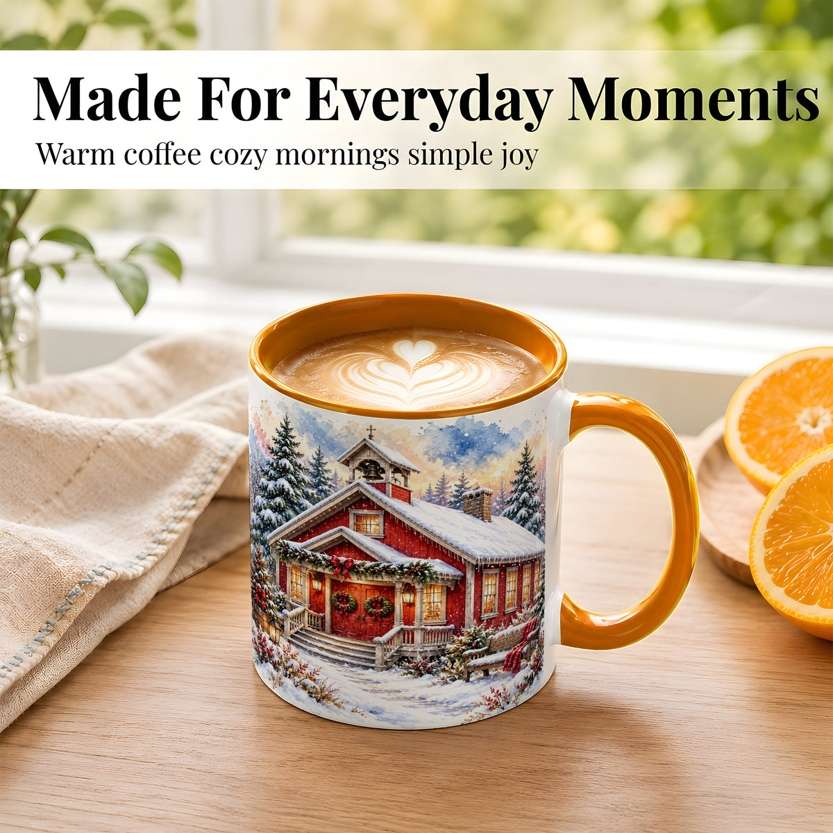 #pl[11oz|Orange] Snowy Red Chapel Coffee Mug, Winter Village Mug, Ceramic Cup