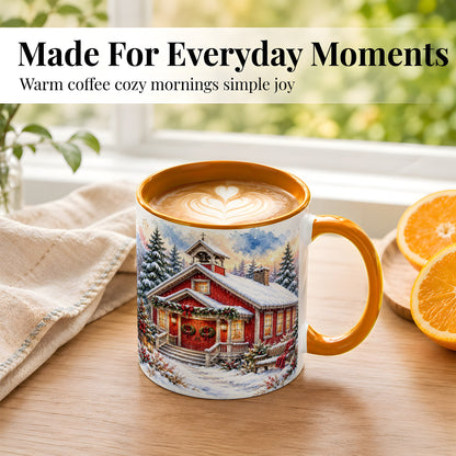 #pl[11oz|Orange] Snowy Red Chapel Coffee Mug, Winter Village Mug, Ceramic Cup