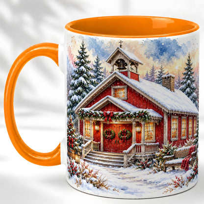 #pl[11oz|Orange] Snowy Red Chapel Coffee Mug, Winter Village Mug, Ceramic Cup