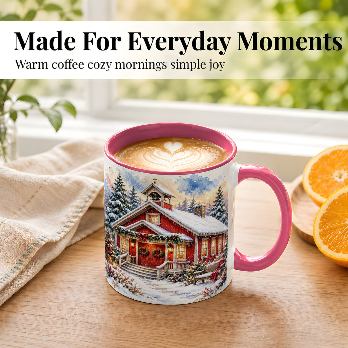 #pl[11oz|Pink] Snowy Red Chapel Coffee Mug, Winter Village Mug, Ceramic Cup