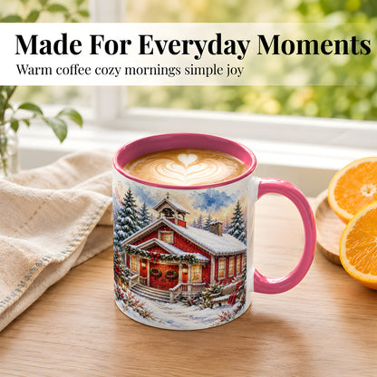 #pl[11oz|Pink] Snowy Red Chapel Coffee Mug, Winter Village Mug, Ceramic Cup