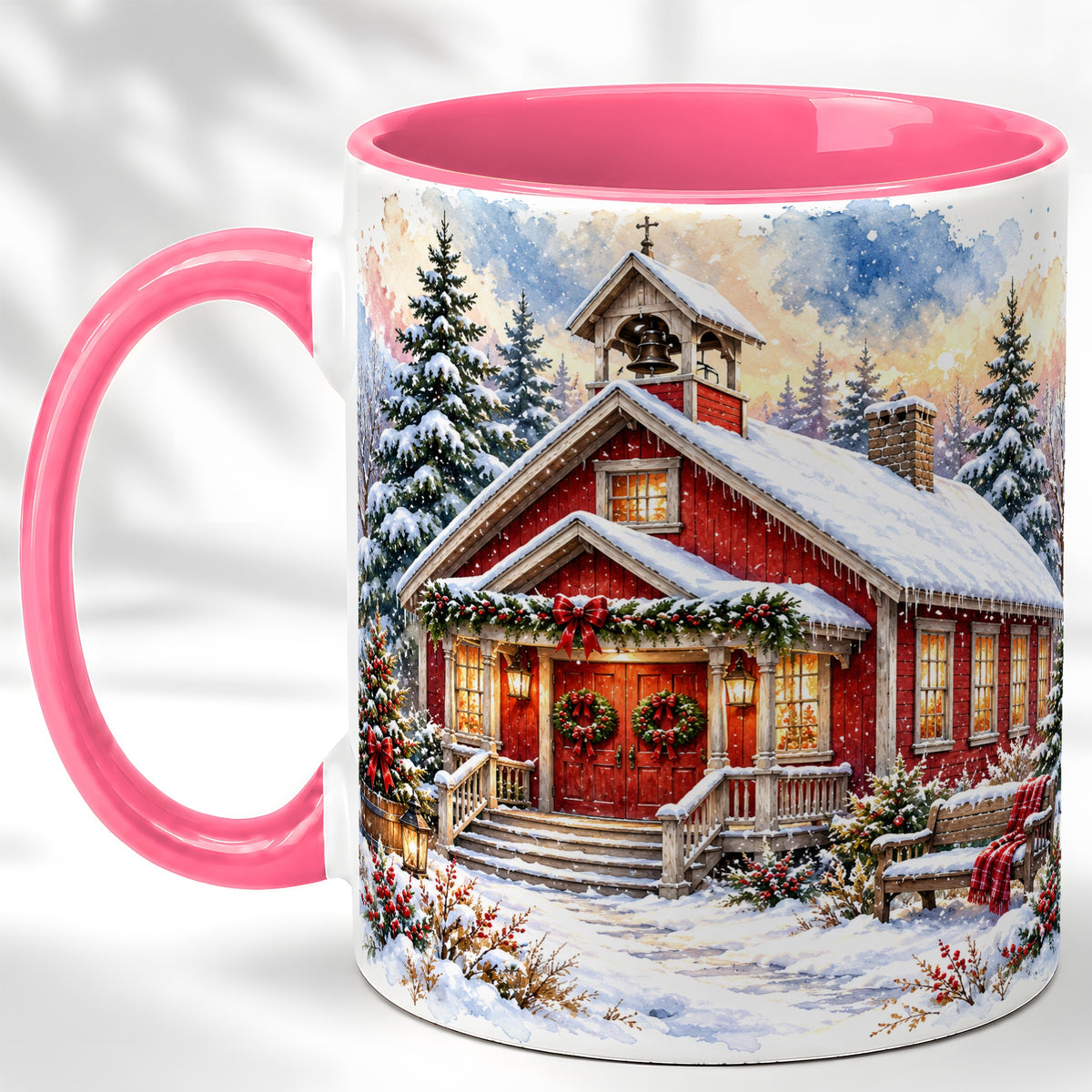 #pl[11oz|Pink] Snowy Red Chapel Coffee Mug, Winter Village Mug, Ceramic Cup