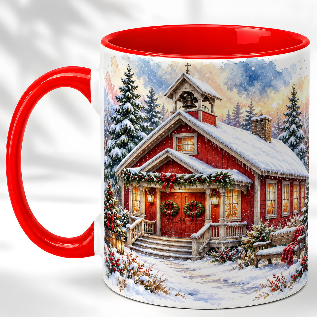 Snowy Red Chapel Coffee Mug, Winter Village Mug, Ceramic Cup