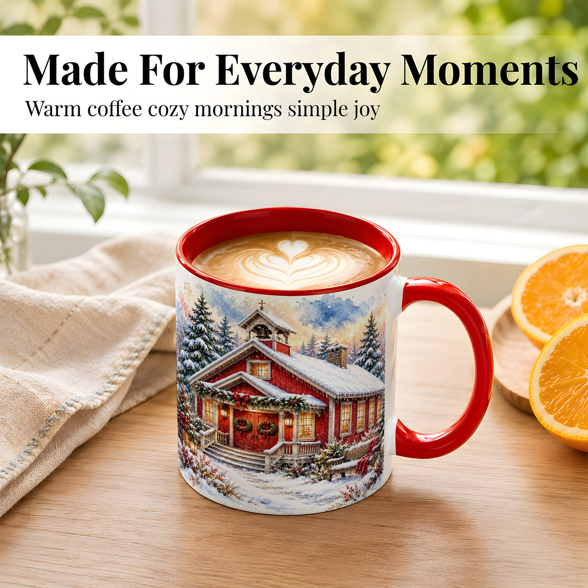 #pl[11oz|Red] Snowy Red Chapel Coffee Mug, Winter Village Mug, Ceramic Cup
