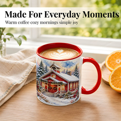 #pl[11oz|Red] Snowy Red Chapel Coffee Mug, Winter Village Mug, Ceramic Cup