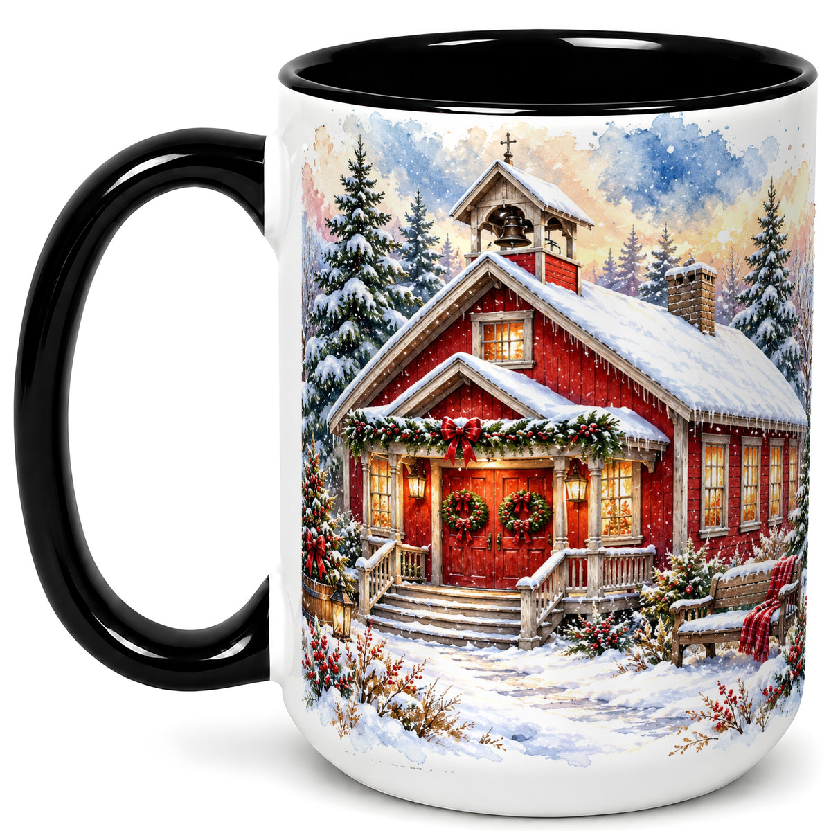 #pl[15oz|Black] Snowy Red Chapel Coffee Mug, Winter Village Mug, Ceramic Cup