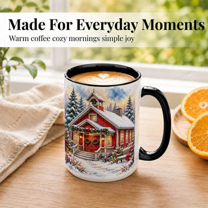 #pl[15oz|Black] Snowy Red Chapel Coffee Mug, Winter Village Mug, Ceramic Cup