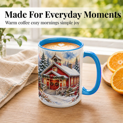 #pl[15oz|Blue] Snowy Red Chapel Coffee Mug, Winter Village Mug, Ceramic Cup