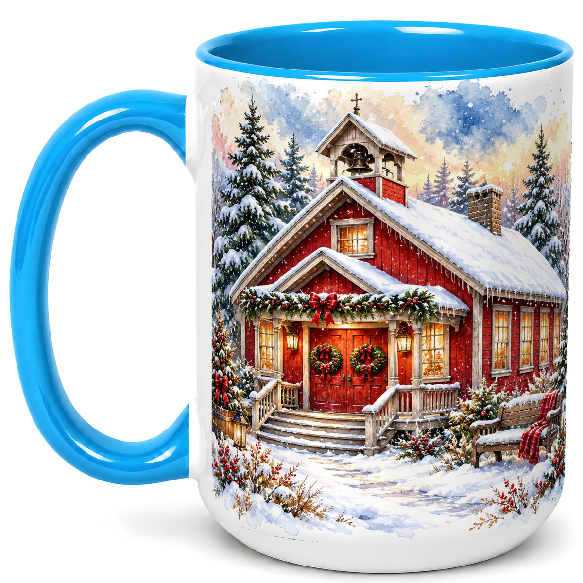#pl[15oz|Blue] Snowy Red Chapel Coffee Mug, Winter Village Mug, Ceramic Cup