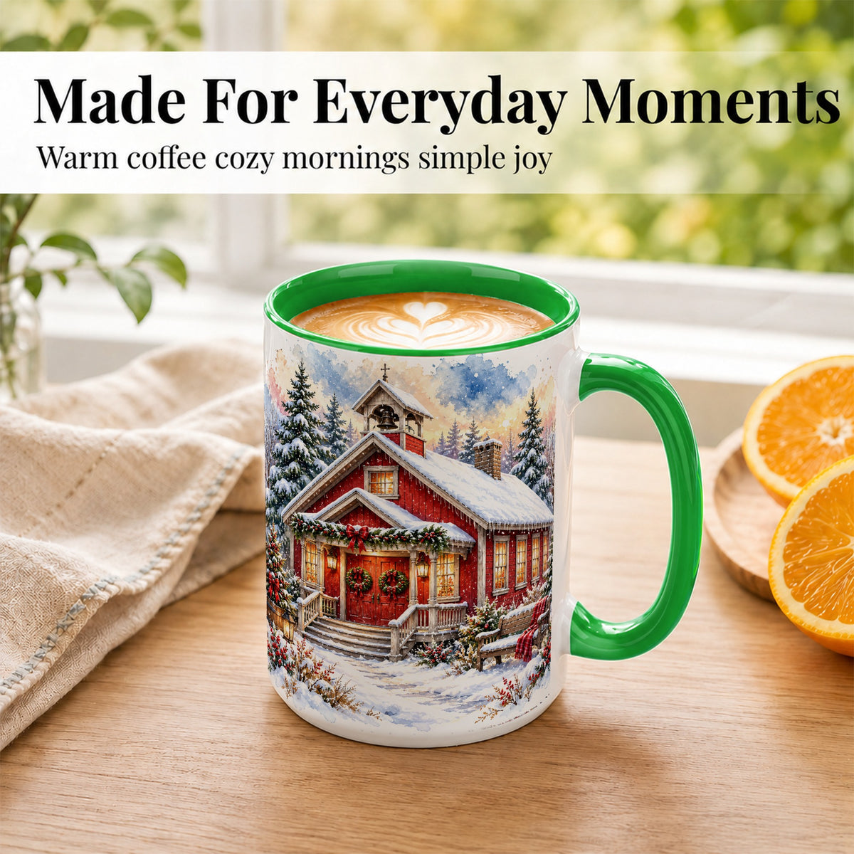 #pl[15oz|Green] Snowy Red Chapel Coffee Mug, Winter Village Mug, Ceramic Cup