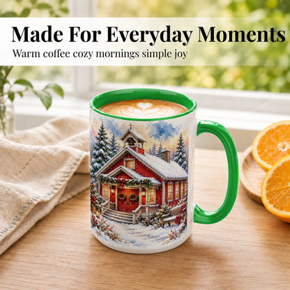 #pl[15oz|Green] Snowy Red Chapel Coffee Mug, Winter Village Mug, Ceramic Cup