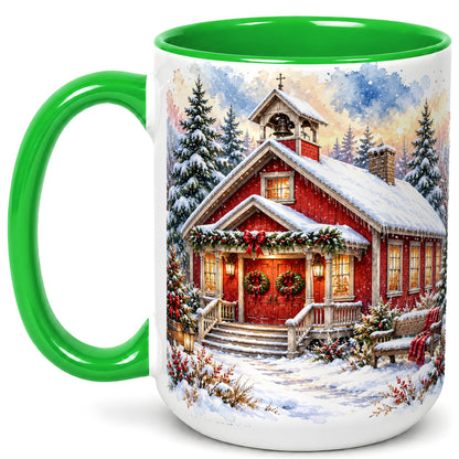 #pl[15oz|Green] Snowy Red Chapel Coffee Mug, Winter Village Mug, Ceramic Cup