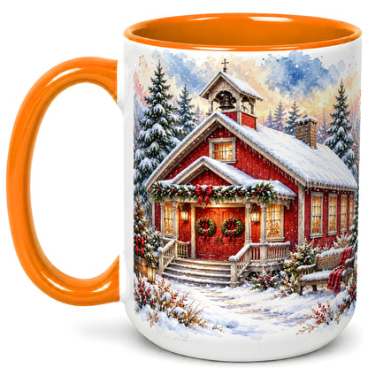 #pl[15oz|Orange] Snowy Red Chapel Coffee Mug, Winter Village Mug, Ceramic Cup