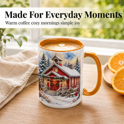 #pl[15oz|Orange] Snowy Red Chapel Coffee Mug, Winter Village Mug, Ceramic Cup