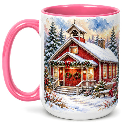 #pl[15oz|Pink] Snowy Red Chapel Coffee Mug, Winter Village Mug, Ceramic Cup