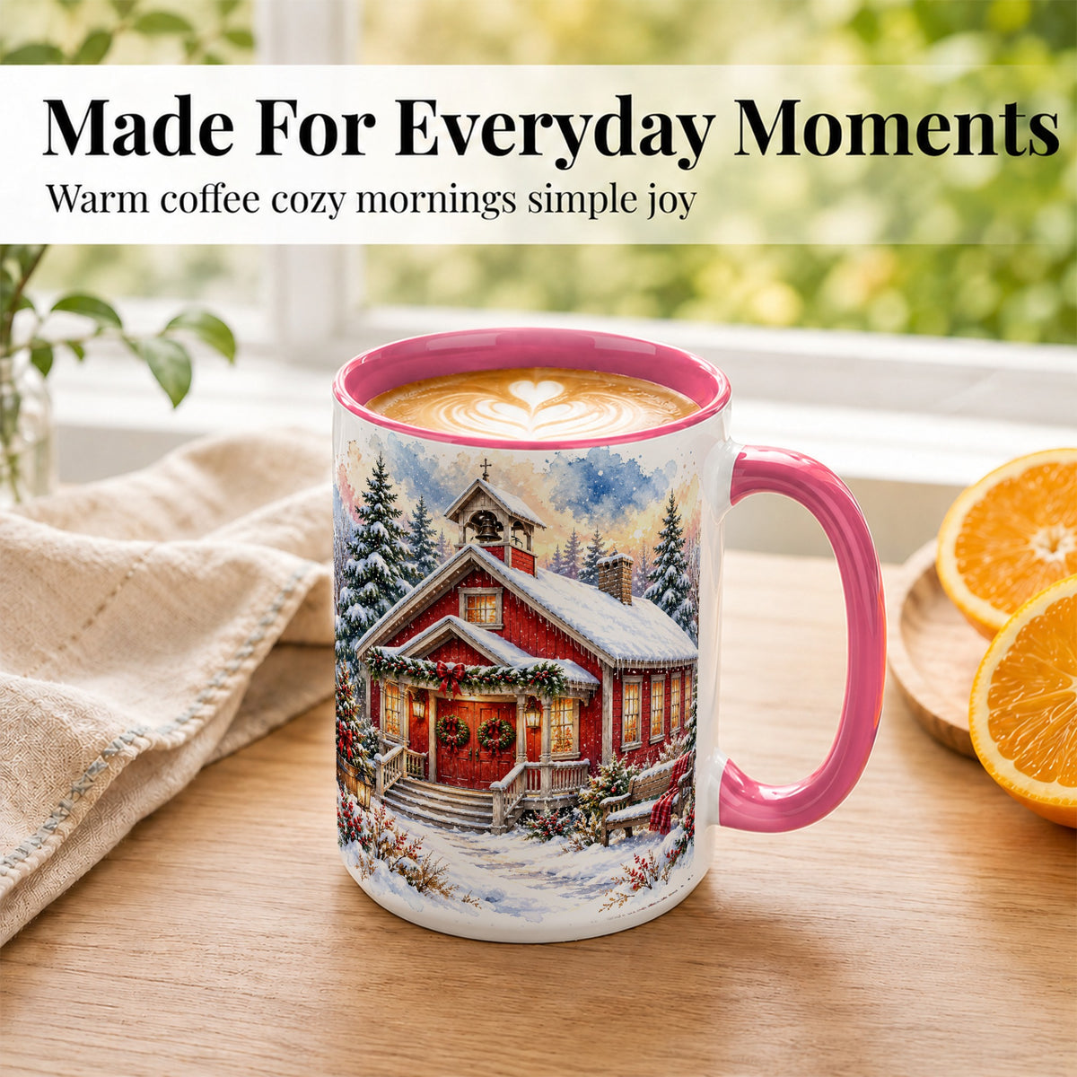 #pl[15oz|Pink] Snowy Red Chapel Coffee Mug, Winter Village Mug, Ceramic Cup