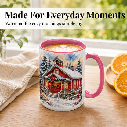 #pl[15oz|Pink] Snowy Red Chapel Coffee Mug, Winter Village Mug, Ceramic Cup