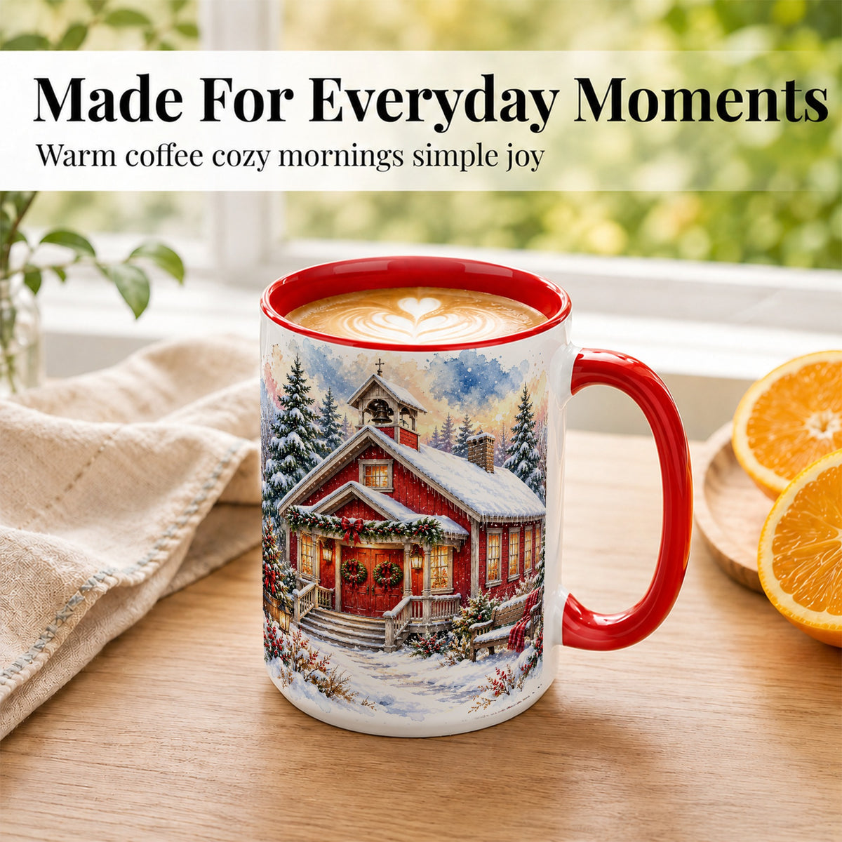 #pl[15oz|Red] Snowy Red Chapel Coffee Mug, Winter Village Mug, Ceramic Cup