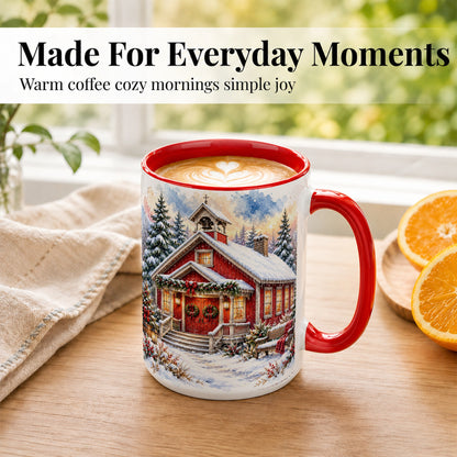 #pl[15oz|Red] Snowy Red Chapel Coffee Mug, Winter Village Mug, Ceramic Cup