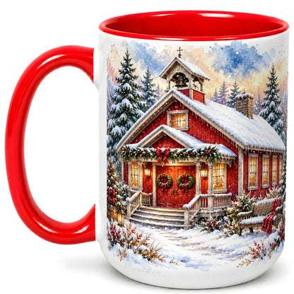#pl[15oz|Red] Snowy Red Chapel Coffee Mug, Winter Village Mug, Ceramic Cup
