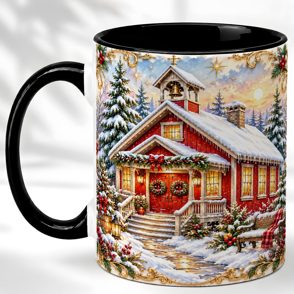 #pl[11oz|Black] Snowy Red Chapel Coffee Mug, Ornate Christmas Mug, Ceramic Cup