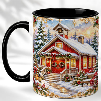 #pl[11oz|Black] Snowy Red Chapel Coffee Mug, Ornate Christmas Mug, Ceramic Cup