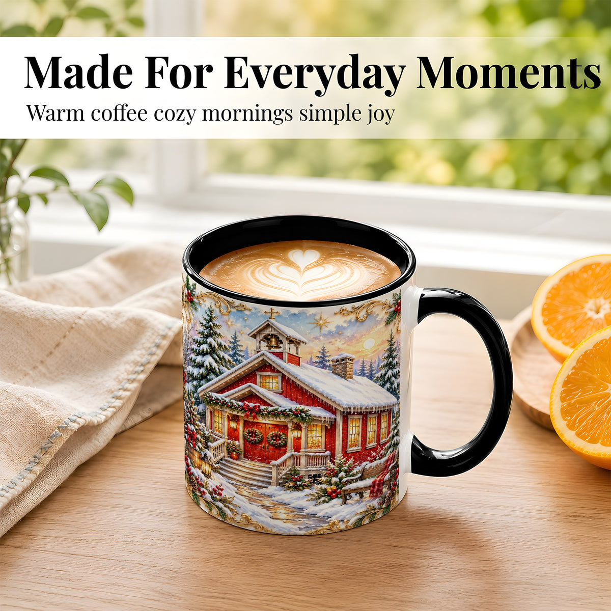 #pl[11oz|Black] Snowy Red Chapel Coffee Mug, Ornate Christmas Mug, Ceramic Cup