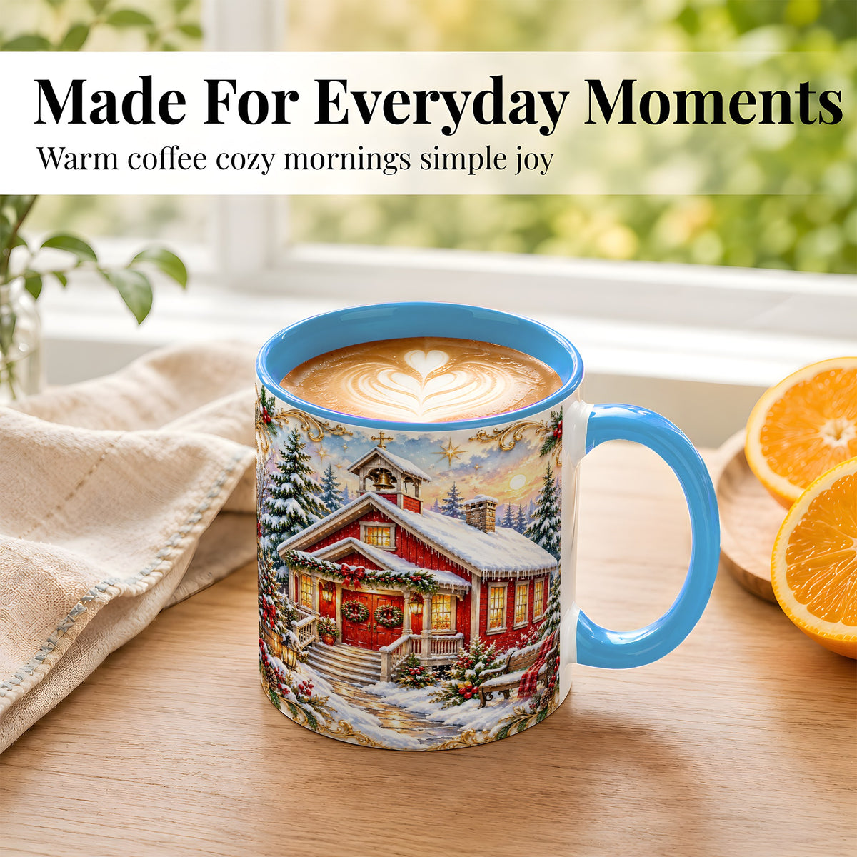 #pl[11oz|Blue] Snowy Red Chapel Coffee Mug, Ornate Christmas Mug, Ceramic Cup
