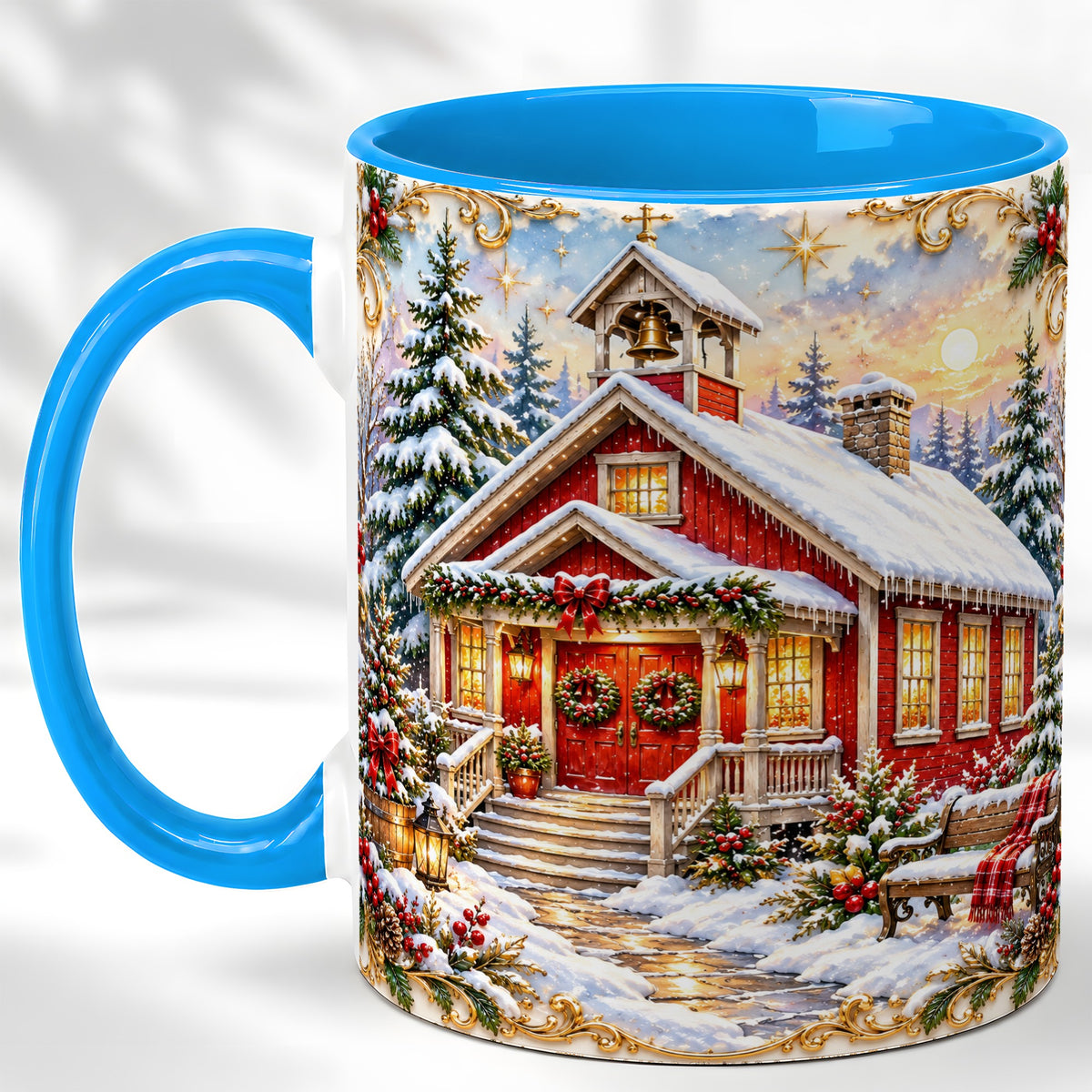 #pl[11oz|Blue] Snowy Red Chapel Coffee Mug, Ornate Christmas Mug, Ceramic Cup