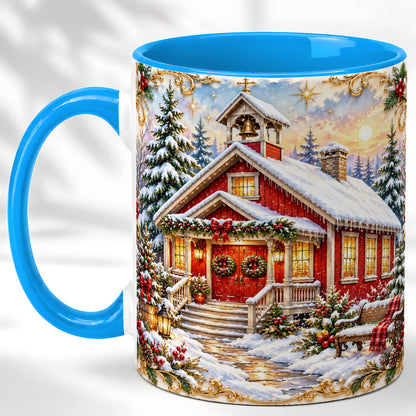 #pl[11oz|Blue] Snowy Red Chapel Coffee Mug, Ornate Christmas Mug, Ceramic Cup