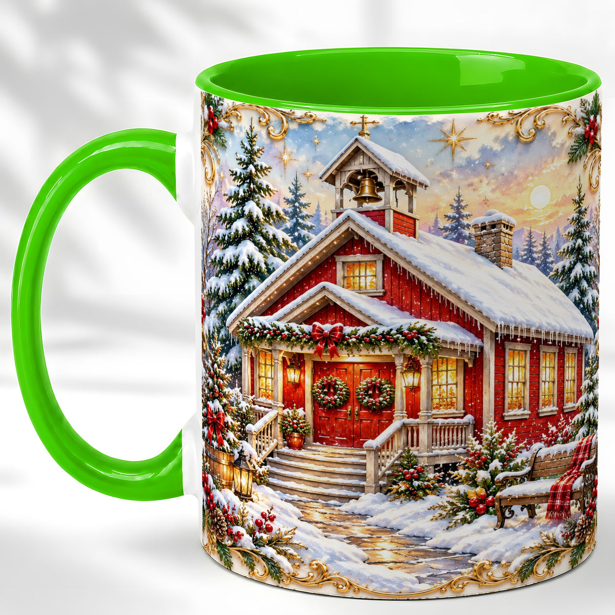 #pl[11oz|Green] Snowy Red Chapel Coffee Mug, Ornate Christmas Mug, Ceramic Cup