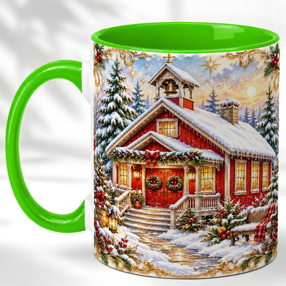 #pl[11oz|Green] Snowy Red Chapel Coffee Mug, Ornate Christmas Mug, Ceramic Cup