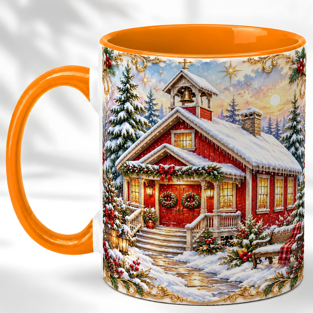 #pl[11oz|Orange] Snowy Red Chapel Coffee Mug, Ornate Christmas Mug, Ceramic Cup