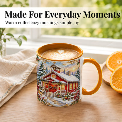#pl[11oz|Orange] Snowy Red Chapel Coffee Mug, Ornate Christmas Mug, Ceramic Cup