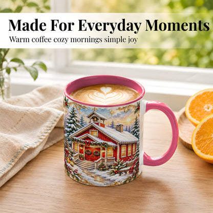 #pl[11oz|Pink] Snowy Red Chapel Coffee Mug, Ornate Christmas Mug, Ceramic Cup
