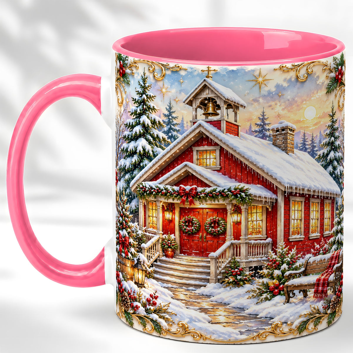 #pl[11oz|Pink] Snowy Red Chapel Coffee Mug, Ornate Christmas Mug, Ceramic Cup
