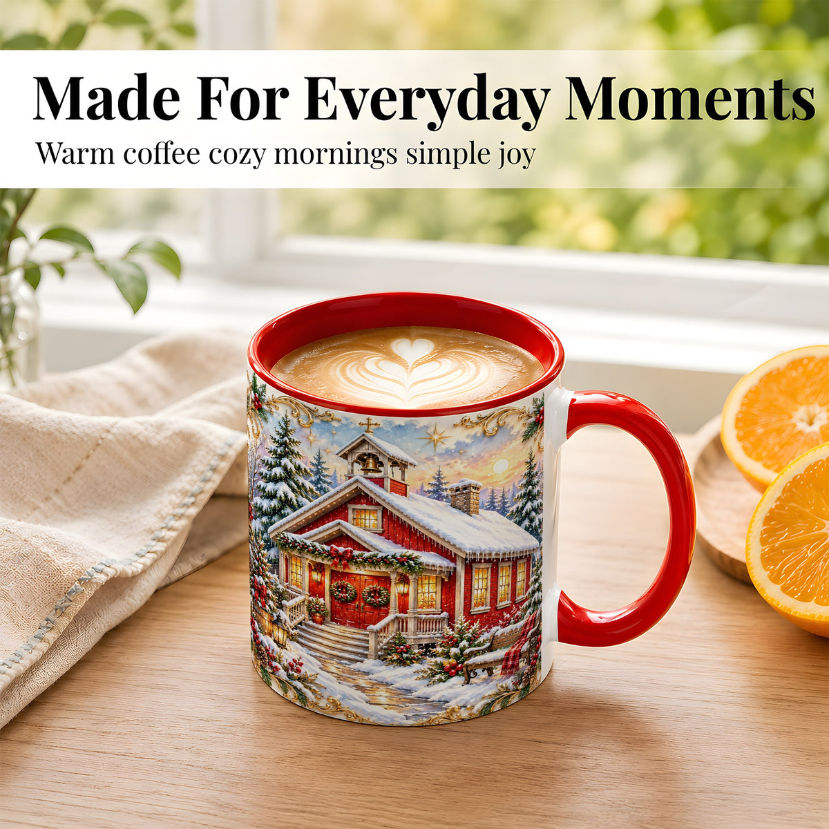 #pl[11oz|Red] Snowy Red Chapel Coffee Mug, Ornate Christmas Mug, Ceramic Cup
