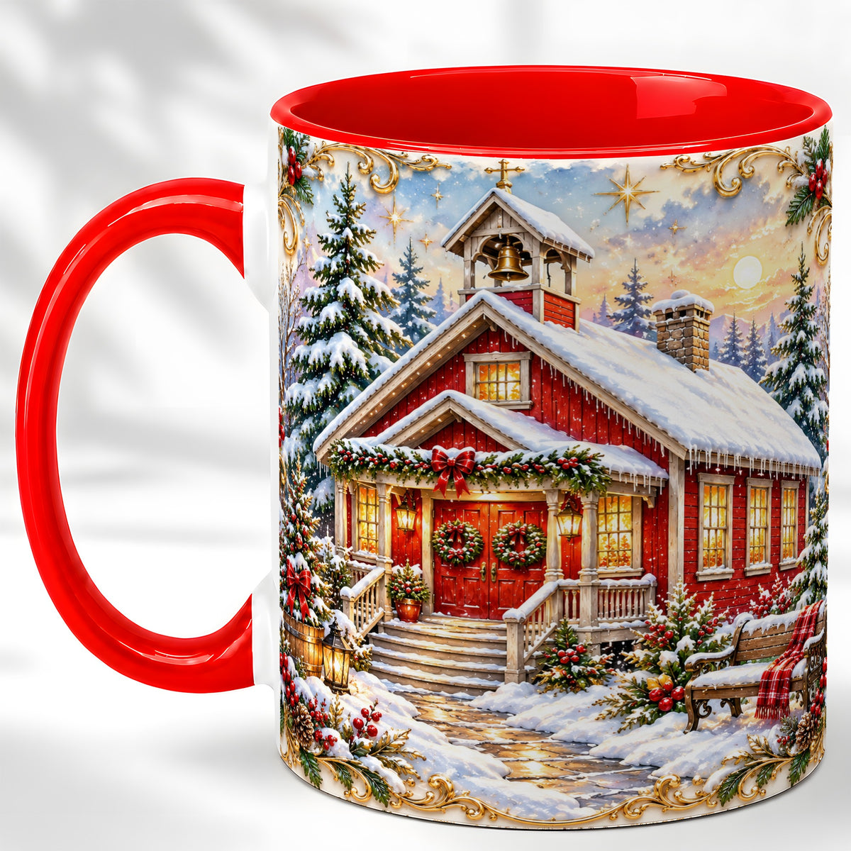 Snowy Red Chapel Coffee Mug, Ornate Christmas Mug, Ceramic Cup