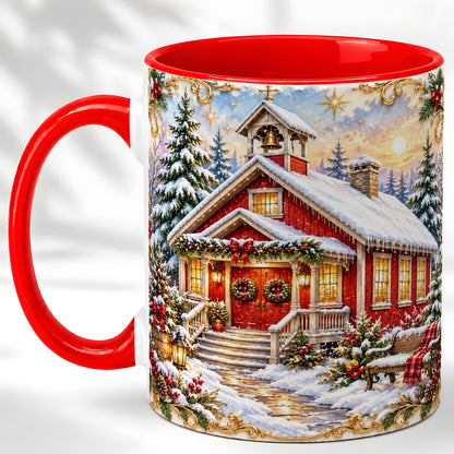 Snowy Red Chapel Coffee Mug, Ornate Christmas Mug, Ceramic Cup