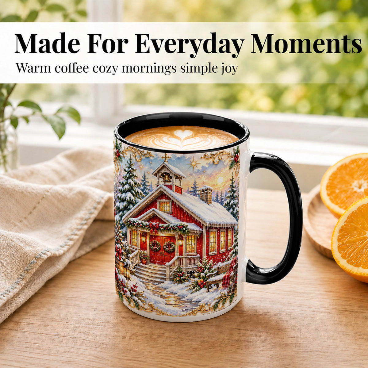 #pl[15oz|Black] Snowy Red Chapel Coffee Mug, Ornate Christmas Mug, Ceramic Cup
