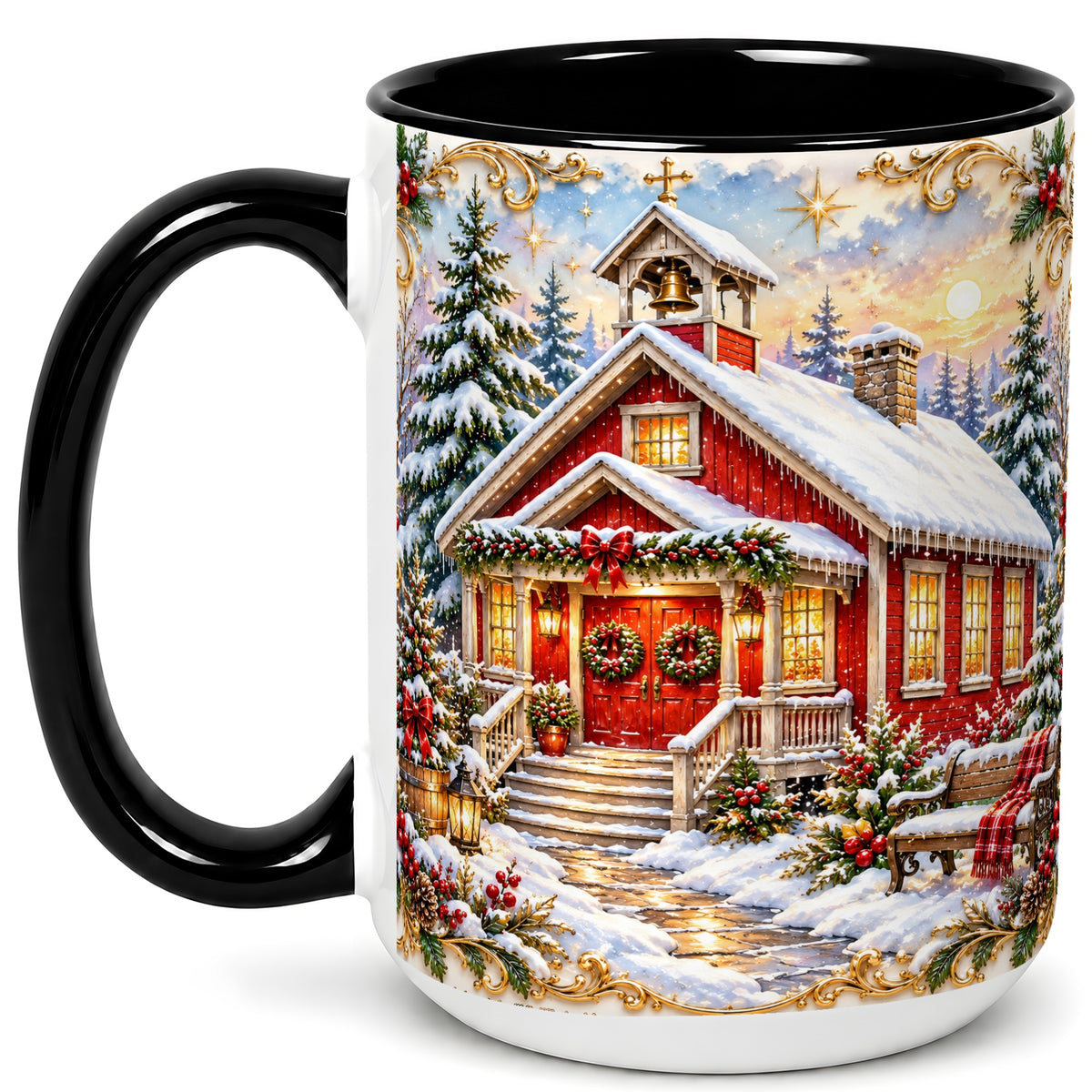 #pl[15oz|Black] Snowy Red Chapel Coffee Mug, Ornate Christmas Mug, Ceramic Cup