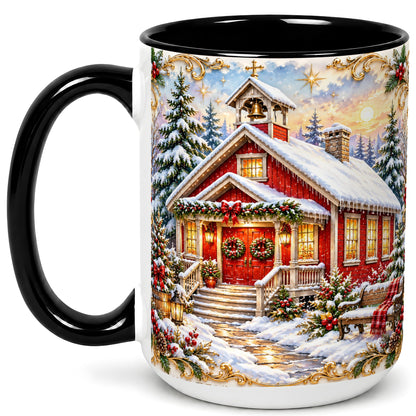 #pl[15oz|Black] Snowy Red Chapel Coffee Mug, Ornate Christmas Mug, Ceramic Cup